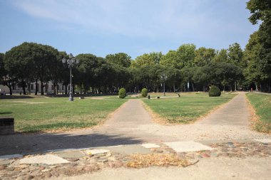 Opening forming a square with trails and bushes bordered by trees on it in a park on a sunny day