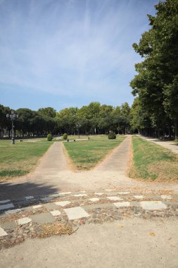 Opening forming a square with trails and bushes bordered by trees on it in a park on a sunny day