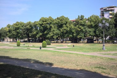 Opening forming a square with trails and bushes bordered by trees on it in a park on a sunny day