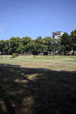 Opening forming a square with trails and bushes bordered by trees on it in a park on a sunny day