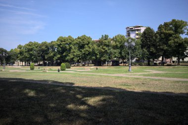 Opening forming a square with trails and bushes bordered by trees on it in a park on a sunny day