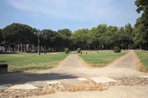 Opening forming a square with trails and bushes bordered by trees on it in a park on a sunny day
