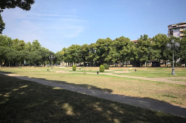 Opening forming a square with trails and bushes bordered by trees on it in a park on a sunny day