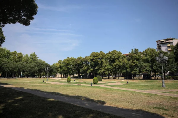 Opening forming a square with trails and bushes bordered by trees on it in a park on a sunny day