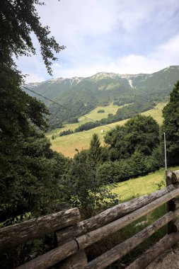 Dağların yamaçlarını noktalayan çayırlar ve ağaçlar, uzaklıktan görünen dağ sırtı ile birlikte.