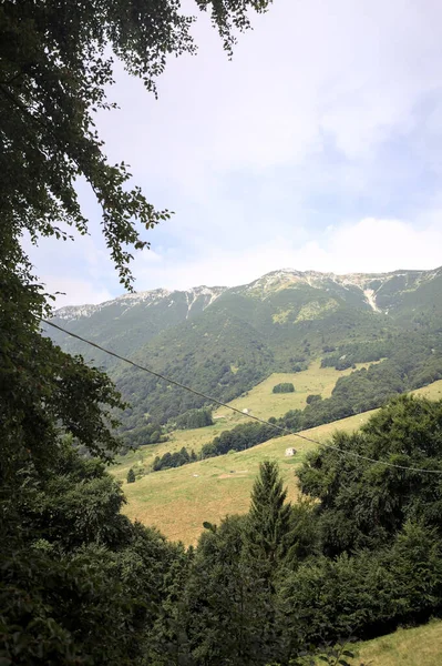 Dağların yamaçlarını noktalayan çayırlar ve ağaçlar, uzaklıktan görünen dağ sırtı ile birlikte.