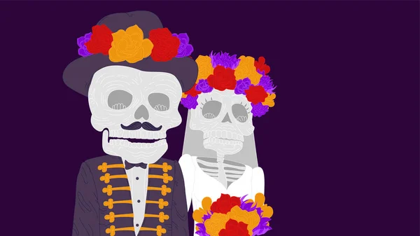 死者の日 Dia Los Muertos 結婚式のスーツを着た二つの骨格 男と女 — ストックベクタ