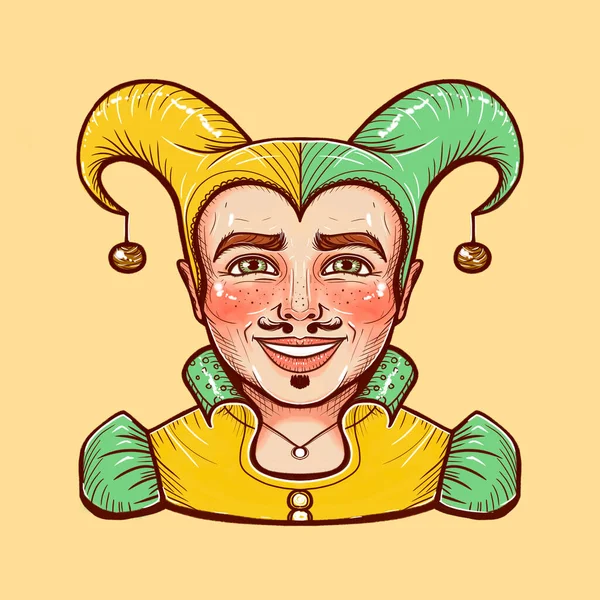 Payaso Dibujado Dibujos Animados Sombrero Amarillo Verde Con Campanas Bufón — Foto de Stock