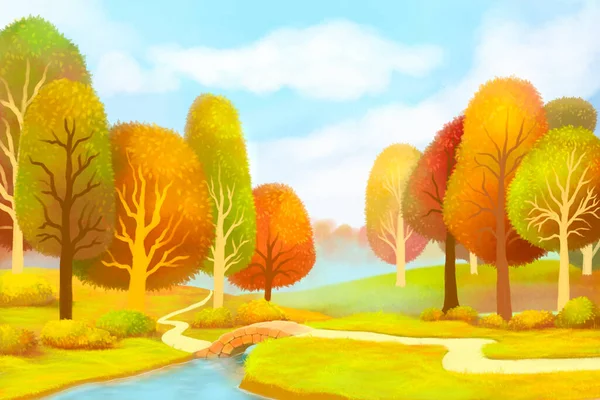 Handgezeichnete Herbstlandschaft Mit Gelben Roten Orangefarbenen Bäumen Einem Fluss Und — Stockfoto