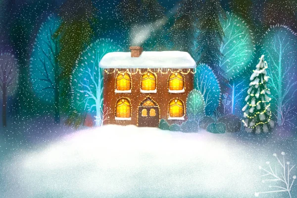 Різдвяний Пейзаж Малюнок Заміського Котеджу Зима Ніч Сніг Ліс Святкові — стокове фото
