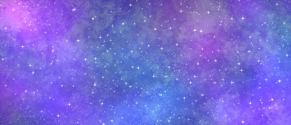 宇宙に輝く青いマゼンタのグランジの水彩の背景に星と輝き輝く雲 — ストック写真