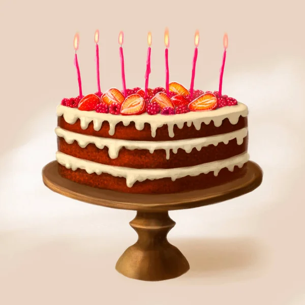 hand drawn birthday chocolate cake on a wooden stand with light cream, strawberries and raspberries and 7 candles on top. Drawing on a light abstract background.