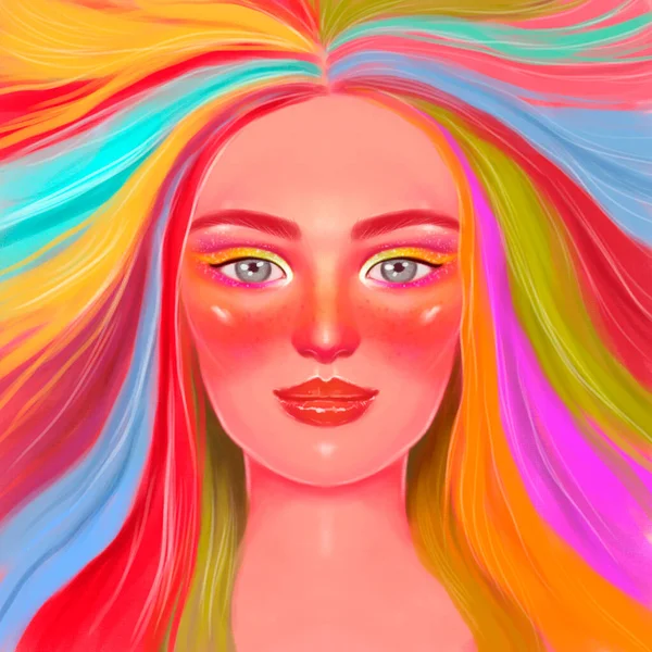 Kreslený Portrét Dívky Mnohobarevnými Vlasy Jasná Nasycená Kresba — Stock fotografie
