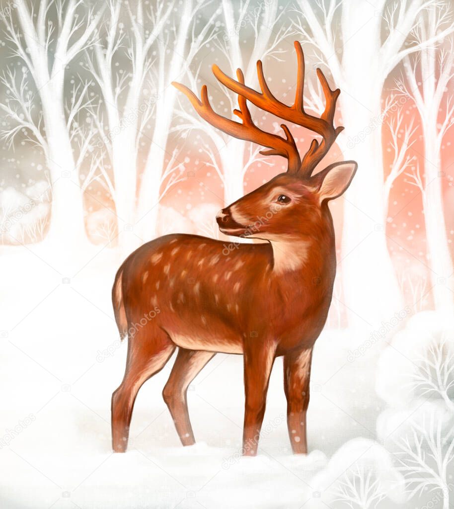 hand-drawn orange-brown deer with antlers, in the winter forest on a light background. It's snowing, a deer in profile.
