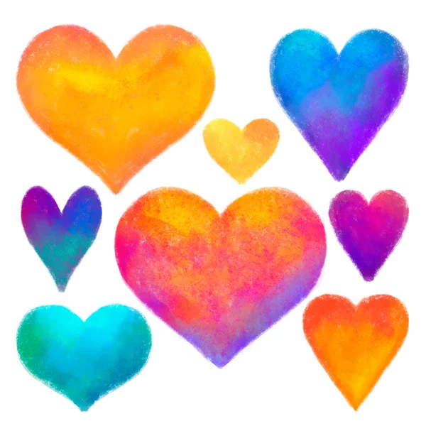 Set Textured Hand Drawn Colored Hearts Mixed Colors Effect Colored — Stock Photo, Image