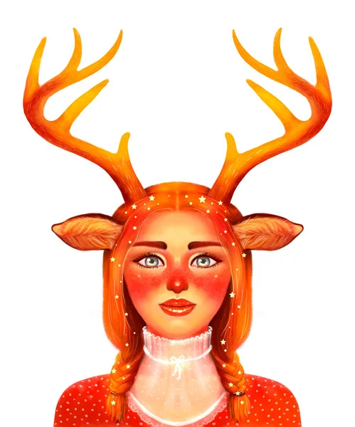 Drawing of a portrait of a deer girl. A girl with antlers, a fantasy creature, or a Christmas reindeer costume. Bright illustration of red shades