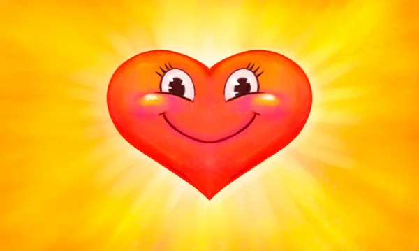 drawing of a red heart with eyes and a smile, on a yellow background
