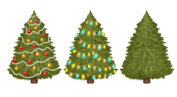 Set Drawings Christmas Tree Three Versions Tree Decorated Balls Garlands — Stock Photo, Image