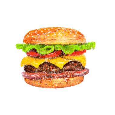 Pirzola, salata, soğan, ketçap, peynir ve susamlı ekmekli iştah açıcı hamburgerin grunge desenli şekli. Sert fırça darbeleriyle çizim.