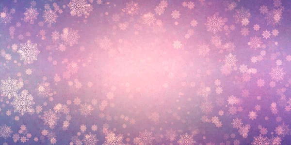 華やかな雪の結晶の多くとヴィンテージ明るいピンク紫色の冬のクリスマスの背景 エレガントな美しい冬のカード — ストック写真