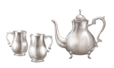 İki gümüş bardaklı gümüş bir çaydanlık resmi. Beyaz arkaplanda izole illüstrasyon