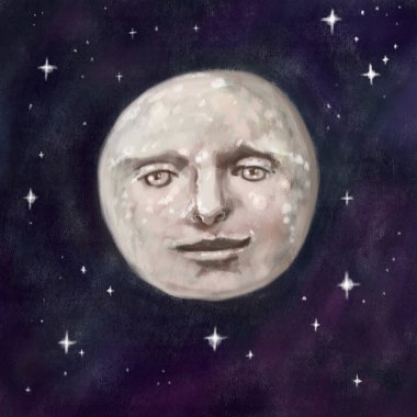 Yıldızlı gökyüzündeki ayın bir tasviri. Gürültü ve tahılla desenli eski tarz grunge. Gözleri, burnu ve ağzı olan ay yüzü.