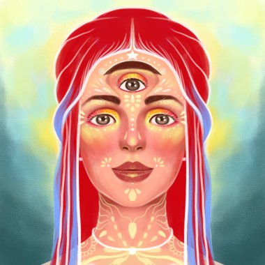 Üçüncü gözü olan bir kızın resimli portresi, meditasyon, süper duyular, aydınlanma, doğaüstü. Parlak renk çizimi