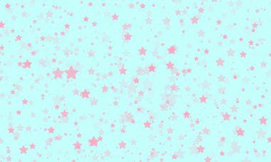 Farklı boyutlarda ve farklı şeffaflıkta kaotik bir şekilde dağılmış pembe yıldızlı parlak soyut mavi ışık arkaplanı.