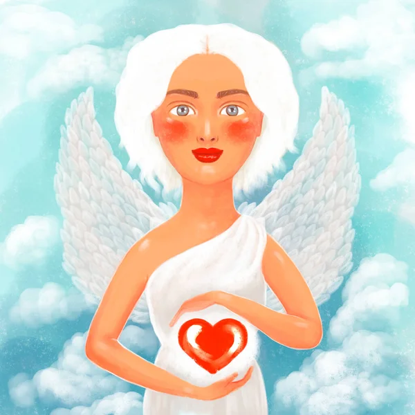 illustration of cartoon cute angel holding a heart in his hands. Angel protecting the heart, protector, against the background of the blue sky with clouds.