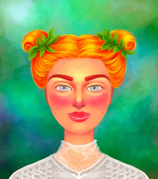 一个红头发的女孩笔直的画像 一个漂亮的女孩 头发上有叶子 长相很可爱 — 图库照片