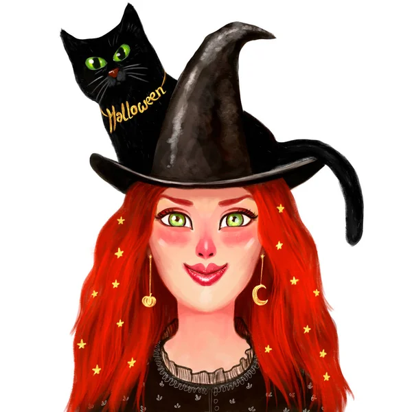 Ilustrační Portrét Krásné Čarodějky Klobouku Rudými Vlasy Černou Kočkou Halloweenskou — Stock fotografie