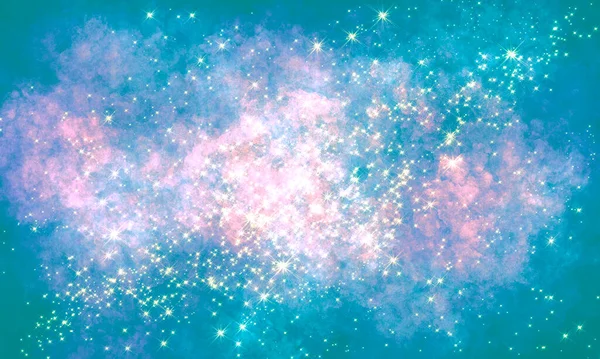 多くの星 星座と宇宙深い濃い青緑のピンクの光沢のある背景 背景のかすみ — ストック写真