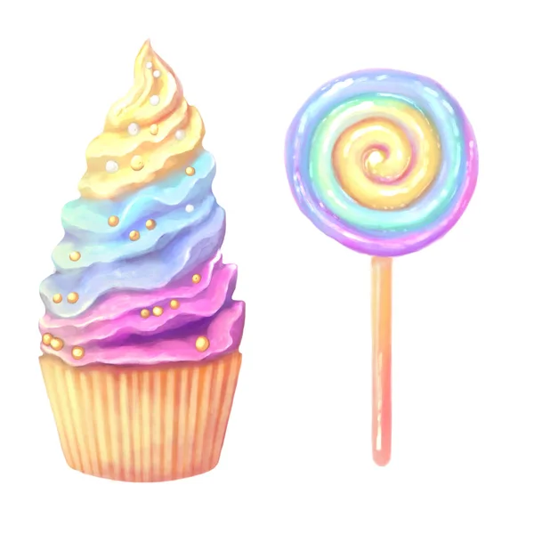 illustration of a bright round curled candy and cupcake with airy cream. Bright saturated multicolor light shades, rainbow. Appetizing sweets