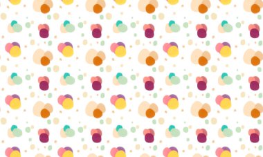 Kusursuz tekrarlayan neşeli, parlak, çok renkli ışık arkaplanı. Beyaz arka planda elle çizilmiş farklı boyutlarda çok renkli noktalar var.