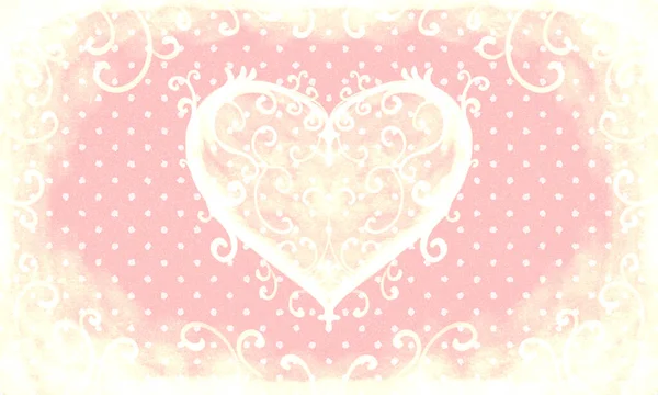 可爱的浪漫光芒 明亮的粉色白色背景 白色圆点 中心有宽大的心 华丽的装饰 情人节贺卡 圣诞贺卡 母亲节贺卡 生日贺卡 — 图库照片