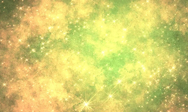 宇宙深浅的抽象光 明亮的饱和绿色 黄色明亮的背景 有许多恒星 Grunge Background — 图库照片