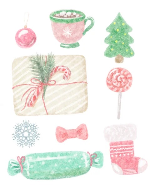 christmas hand drawn cute set of bright holiday elements. Gifts, marshmallow mug, red bow, Christmas sock, Christmas tree, decorations. texture cute set