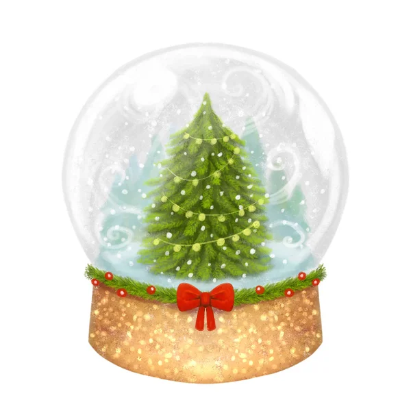 Illustration Globe Verre Enneigé Dessin Main Forêt Pins Arbre Noël — Photo