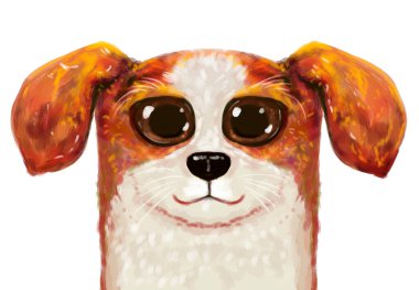 Küçük, şirin bir sarışın ve kızıl köpek yavrusunun portresi. Kocaman kulakları ve gözleri var. Beyaz arka planda bir portre, bir köpeğin kafası. Sevimli grunge deseni, çok renkli ve parlak