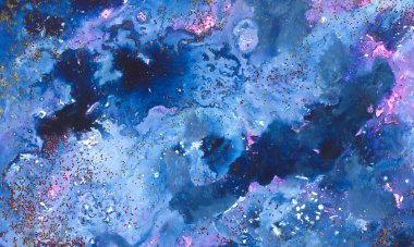 akrilik soyut sanatsal arka plan, renk geçişleri, gölgeler ve boyalar, fırça darbeleri ve altın serpintileri. Mavi ve mor renkler