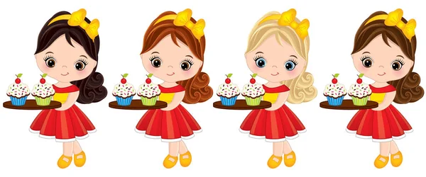 Vector lindo niñas sosteniendo bandejas con cupcakes — Archivo Imágenes Vectoriales
