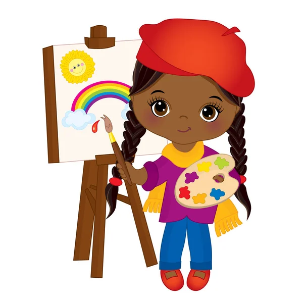 Vector bonito pouco artista afro-americano ofegante no Easel. Vector menina — Vetor de Stock