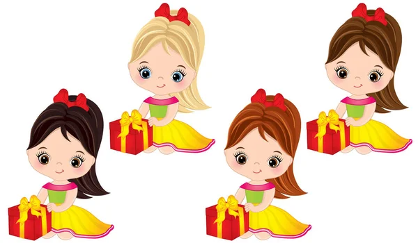 Vector Cute Little Girls with Gift Boxes — Stock Vector
