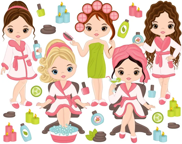 Set de Spa Vector con Niñas Jóvenes y Elementos de Spa — Vector de stock