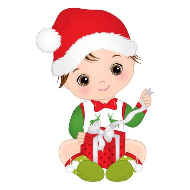 Vektör şirin bebek çocuk Noel giysiler giyiyor. Noel erkek bebek vektör çizim