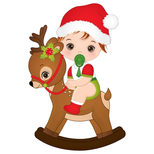 Vector bonito bebê menino vestindo roupas de Natal e sentado no veado Rocking. Menino de Natal com Rocking Deer ilustração vetorial — Vetor de Stock