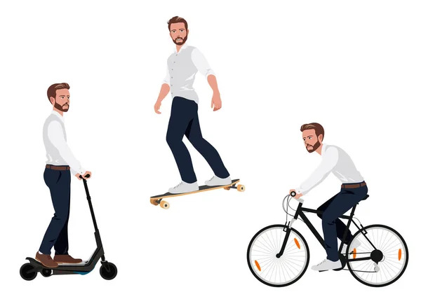 Schöner Junger Geschäftsmann Beim Reiten Longboard Fahrrad Roller — Stockvektor
