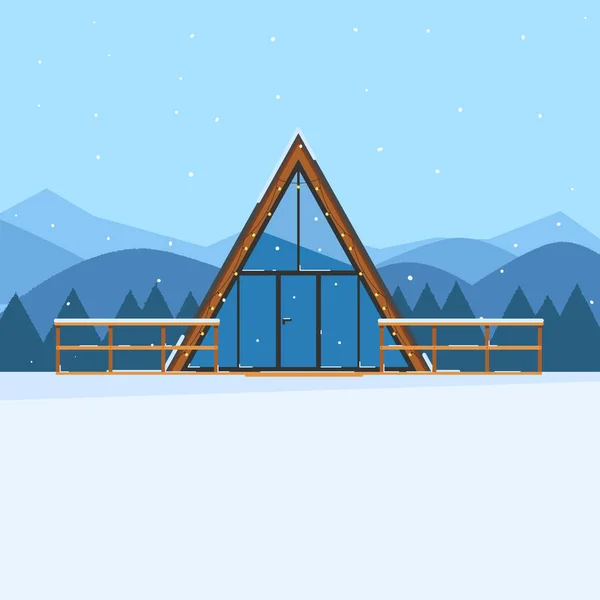 Paysage Montagne Hiver Avec Une Maison Triangulaire Confortable Vacances Campagne — Image vectorielle