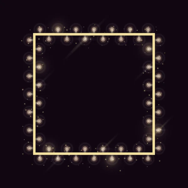 Čtvercový Zlatý Rám Zářivými Lampami Jiskrami Vektorová Ilustrační Šablona Pro — Stockový vektor