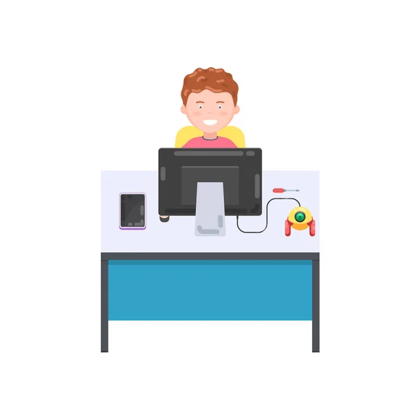 Boy with computer and robot — Stock Vector